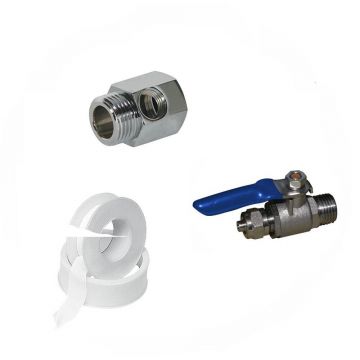 Kit alimentare filtru, format din robinet metalic 1/4", T cromat de 1/2" si banda de teflon, pentru sisteme de filtrare cu furtun flexibil de 1/4"