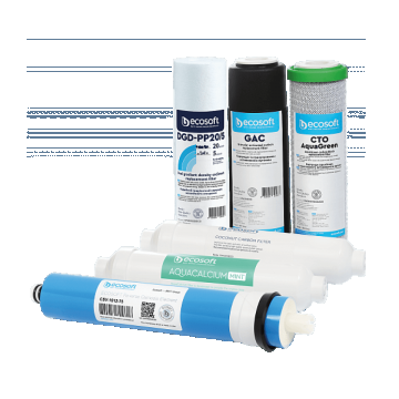Set calcium complet, 5+1 cartușe osmoză inversă premium, prefiltrare, membrană 75 GPD și postfiltrare Ca, 12 luni, standard 10"